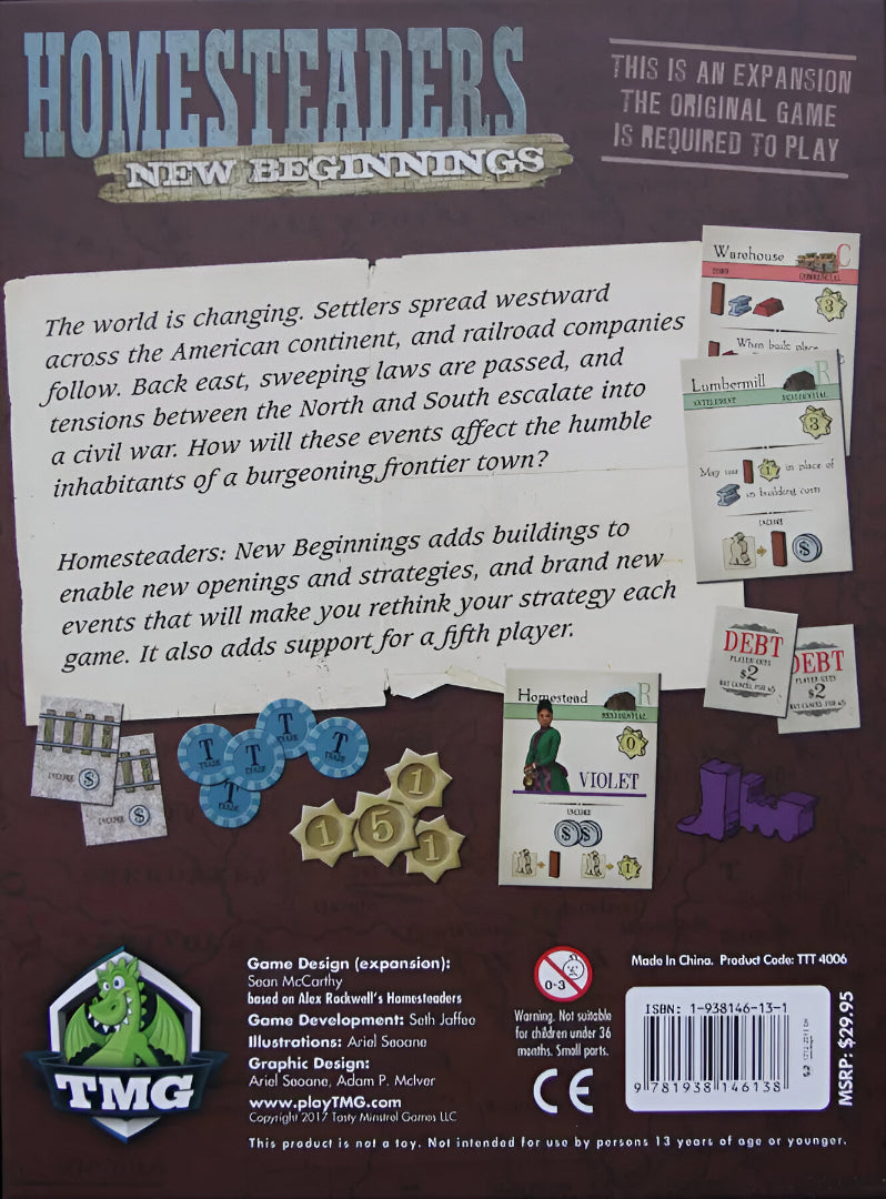 Back of Homesteaders: New Beginnings board game expansion box displaying game cards, blue and gold tokens, purple wooden pieces, and text