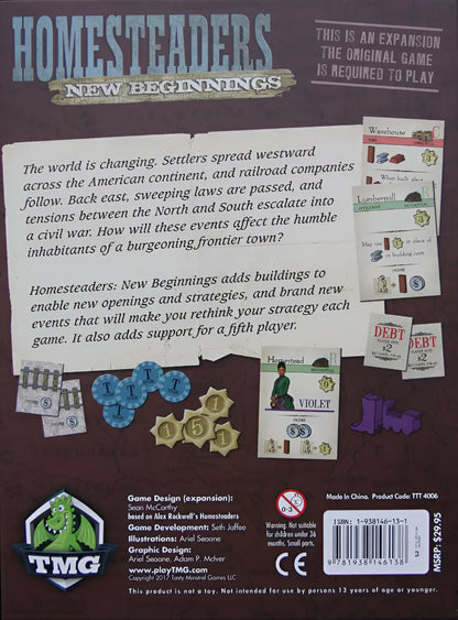 Back of Homesteaders: New Beginnings board game expansion box displaying game cards, blue and gold tokens, purple wooden pieces, and text