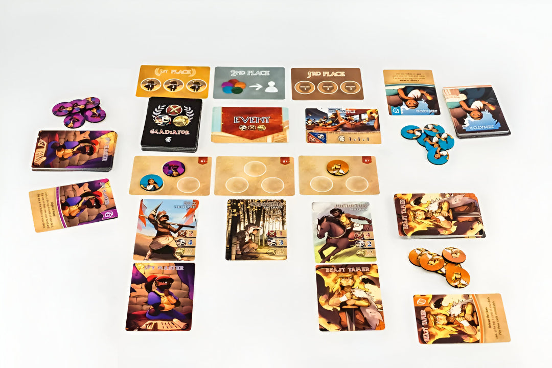 A collection of Gladius board game components, including colourful character and event cards, and circular tokens, laid out on a white surface