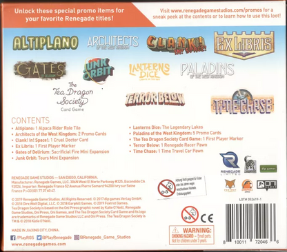 Product box for Renegade Game Studios displaying game titles Altiplano Architects of the West Kingdom Clank In Space Ex Libris Gates of Delirium Junk Orbit Lanterns Dice Paladins of the West Kingdom The Tea Dragon Society Card Game Terror Below and Time Chase