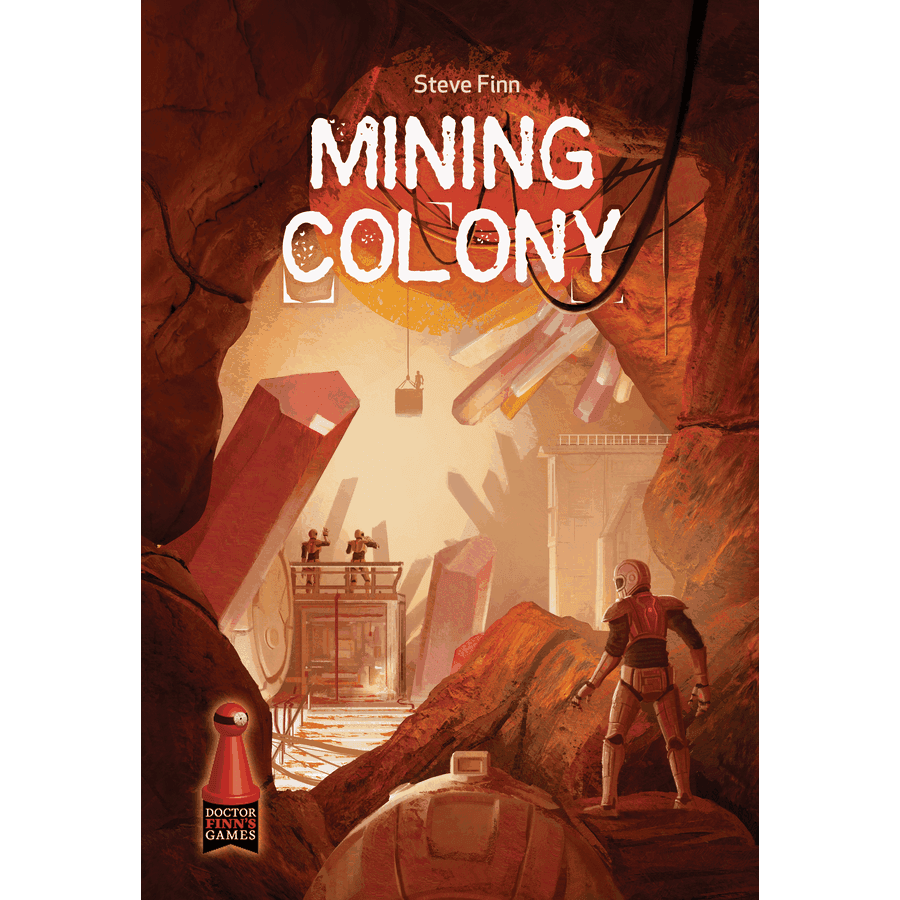 Cover for "Mining Colony": A lone miner surveys a vast, reddish crystal cave with industrial structures and other workers