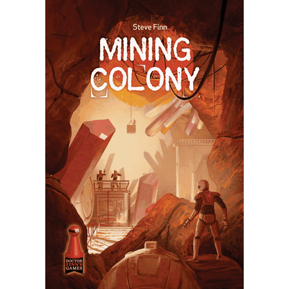 Cover for "Mining Colony": A lone miner surveys a vast, reddish crystal cave with industrial structures and other workers