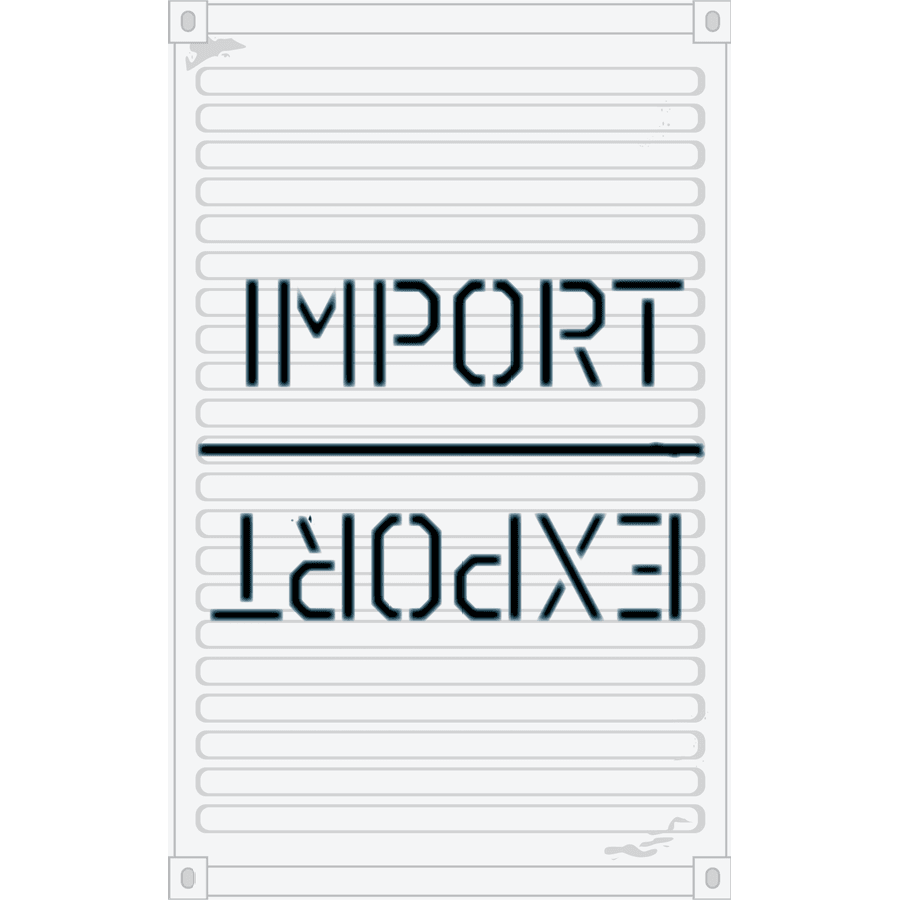 A grey shipping container features the word IMPORT at the top and EXPORT written upside down at the bottom, separated by a horizontal line