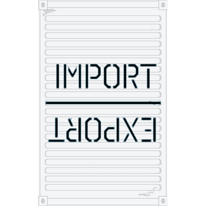 A grey shipping container features the word IMPORT at the top and EXPORT written upside down at the bottom, separated by a horizontal line