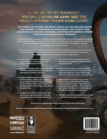 Back cover of Conan: The Exiles Sourcebook RPG, with game description and logos on a dark, abstract, textured background.
