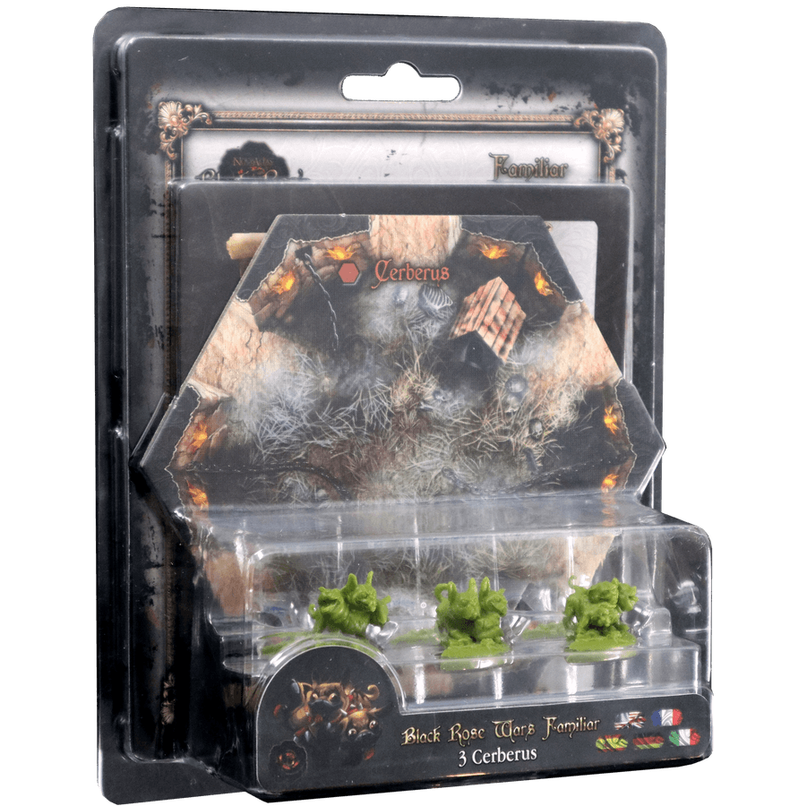 Package of 3 green Cerberus miniatures & game cards for Black Rose Wars Familiar board game