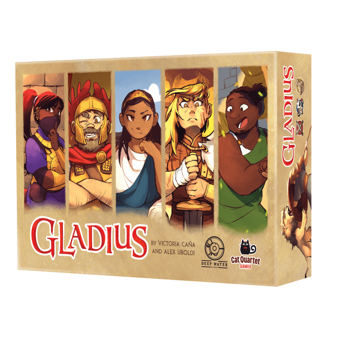 Gladius board game box with five diverse, stylized characters including a gladiator, a swordsman, and a shushing woman