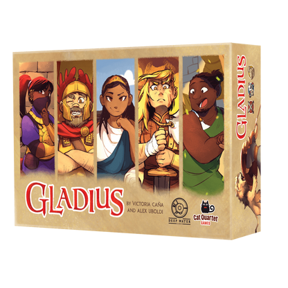 Gladius board game box with five diverse, stylized characters including a gladiator, a swordsman, and a shushing woman