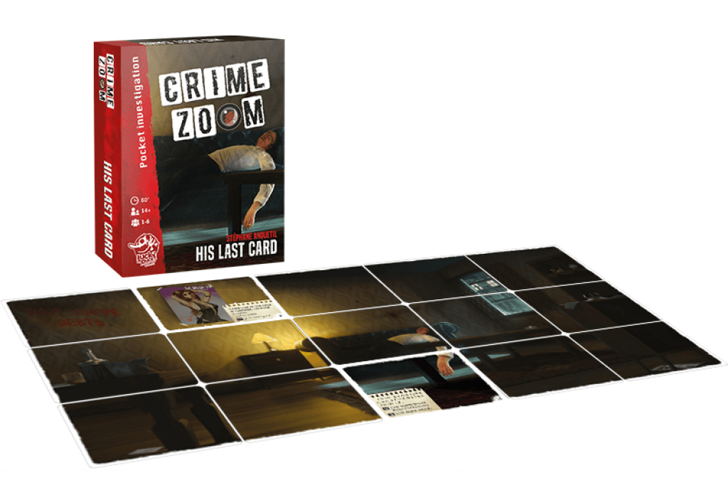 Crime Zoom His Last Card mystery game box and layout showing room scenes