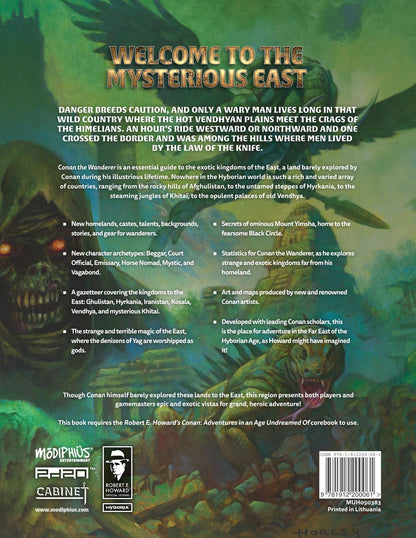 Fantasy book cover: A winged monster, glowing-eyed figure, ancient temple, and lizard on a green background. "Welcome to the Mysterious East."