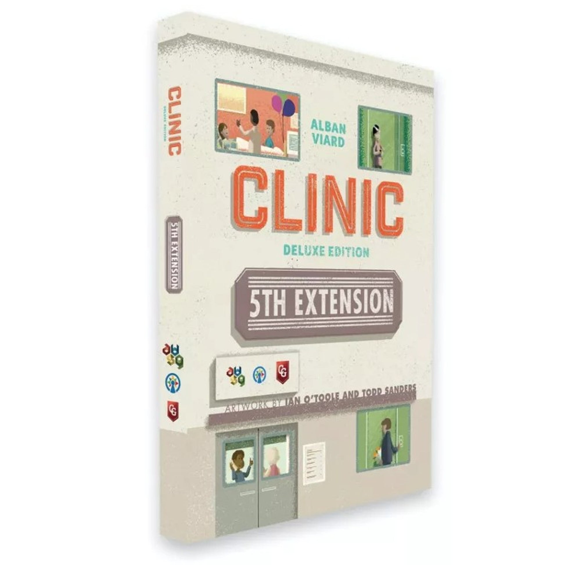 Clinic Deluxe Edition 5th Extension board game box art, showing a multi-story clinic building with people.