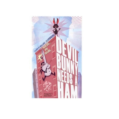 Cartoon man in chef coat falling from red building; devil bunny with mallets on roof. Title: DEVIL BUNNY NEEDS A HAM