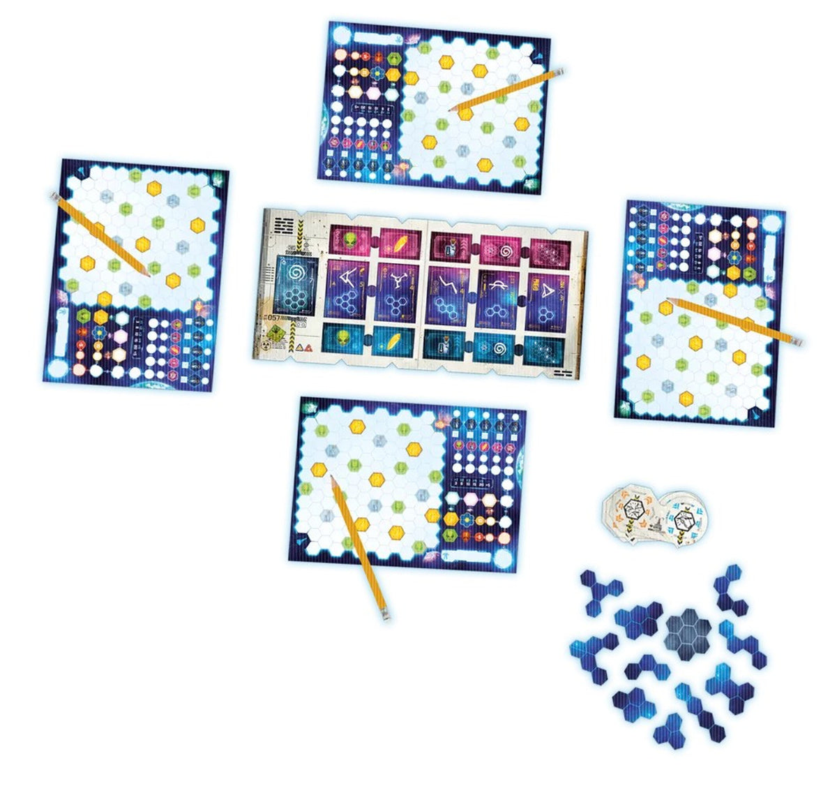 Game setup with four player sheets a central game board and various game tokens on a white background