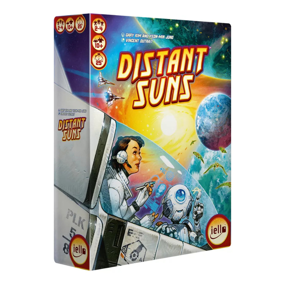 Showing a space explorer and robot in a cockpit with planets spaceships and alien creatures outside