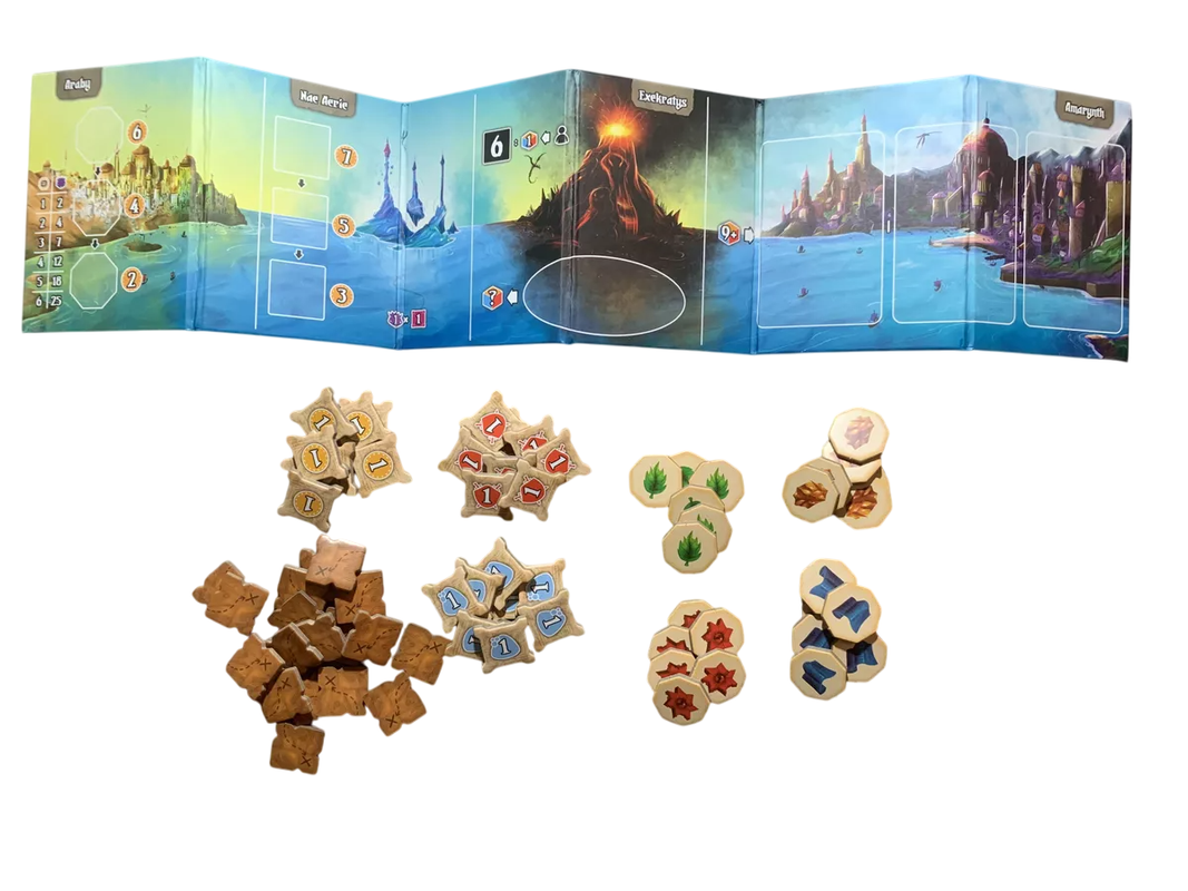 Board game components laid out: an unfolded fantasy map depicting seas, cities, and a volcano, and various resource tokens