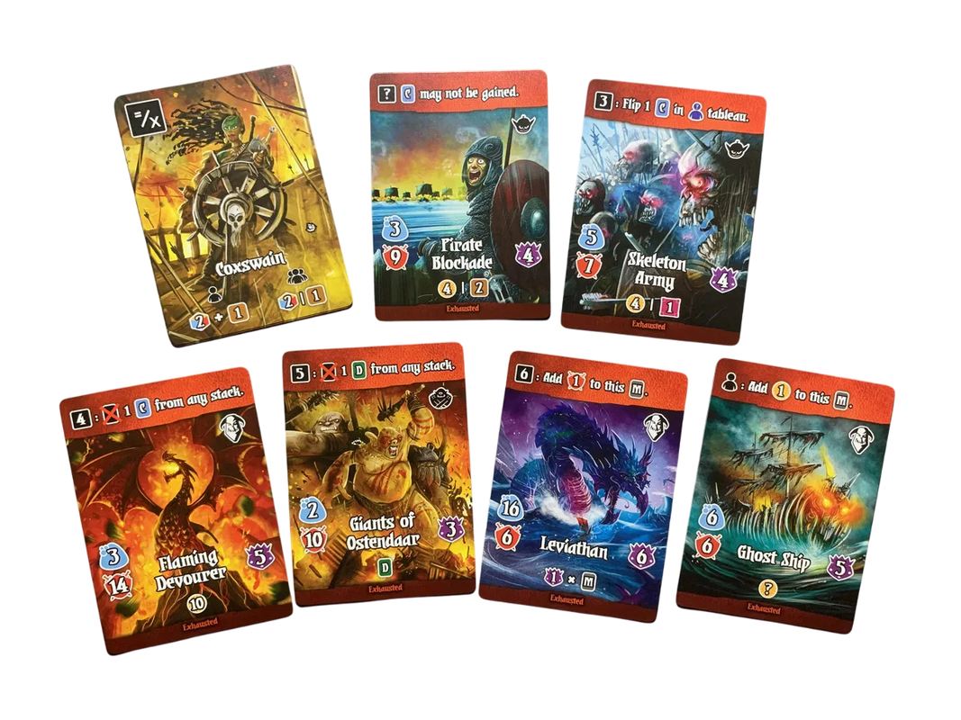 Seven fantasy game cards, fanned out on white, they feature vibrant art of characters and creatures like a pirate, skeleton army, and dragon