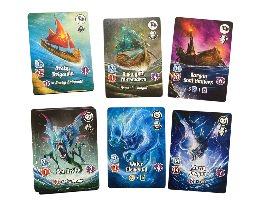 Six fantasy-themed game cards displayed in two rows, depicting ships, a sea monster, a water elemental, and dragons
