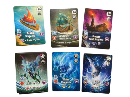 Six fantasy-themed game cards displayed in two rows, depicting ships, a sea monster, a water elemental, and dragons