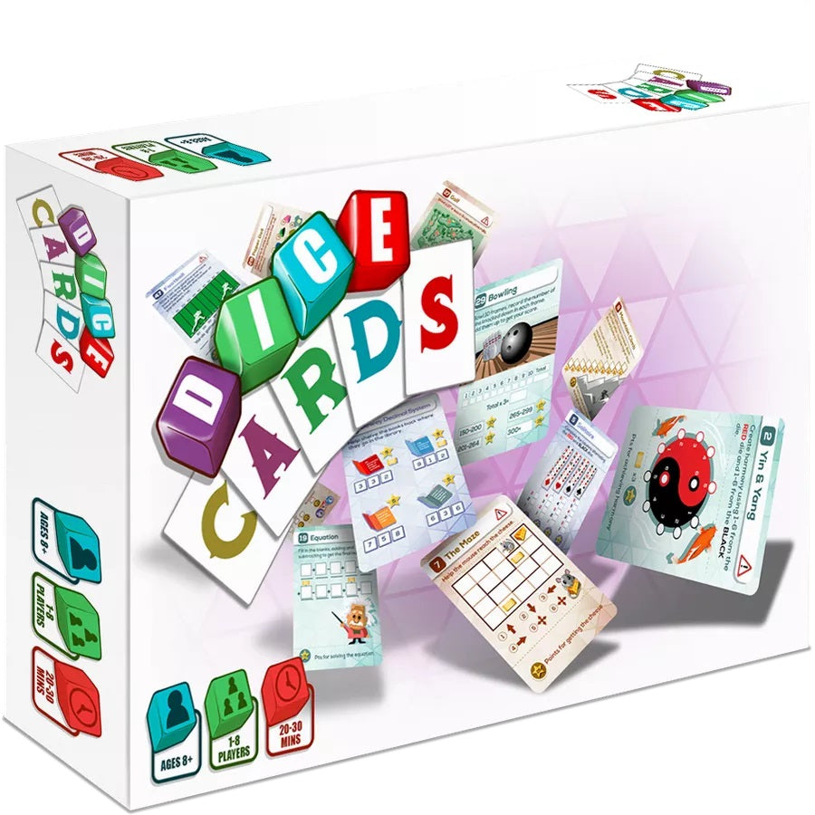 A white game box displays colorful "DICE CARDS" blocks and various game cards spread dynamically around it