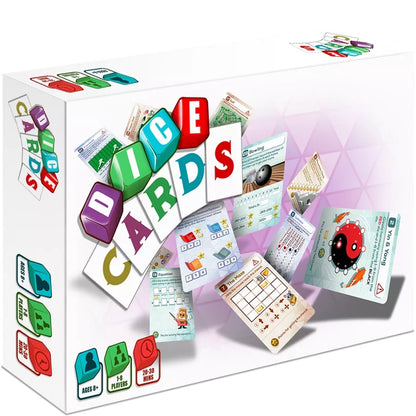 A white game box displays colorful "DICE CARDS" blocks and various game cards spread dynamically around it