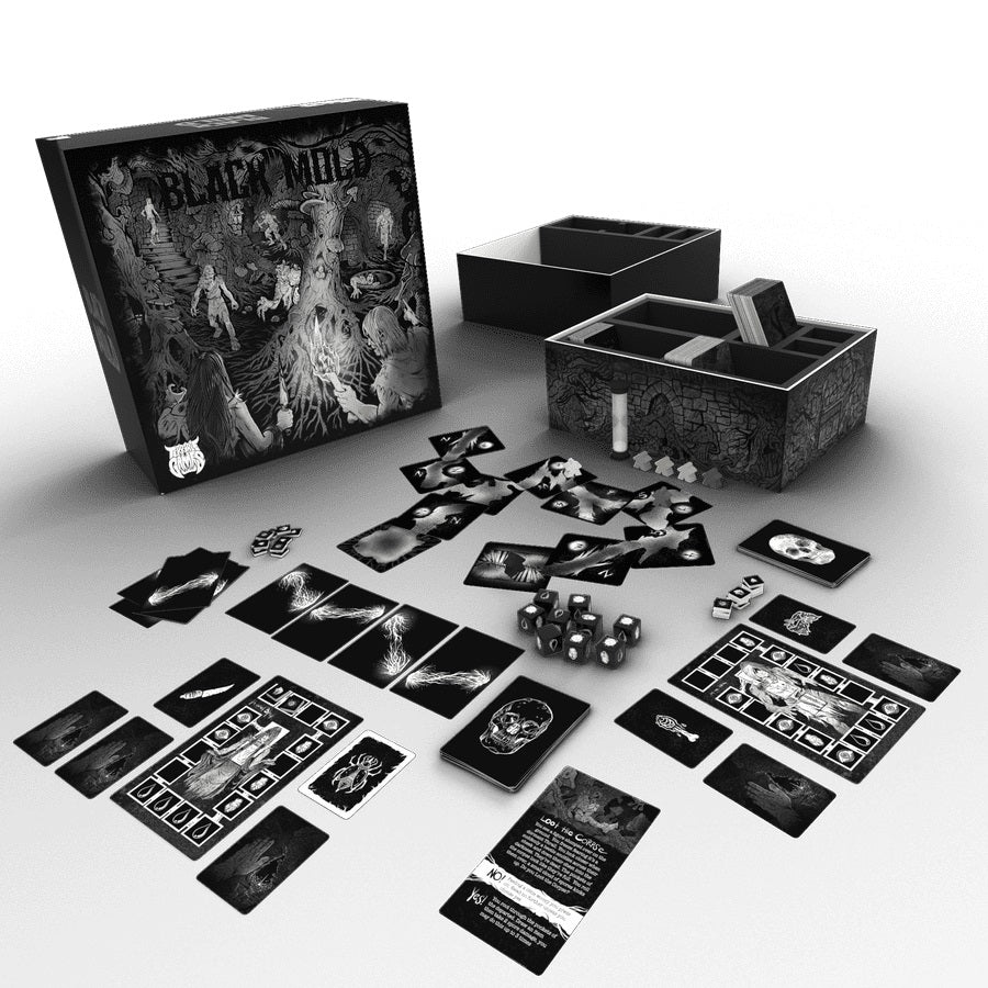 All Black Mold board game components displayed: box, dark-themed cards, dice, tokens, and storage inserts. Dark fantasy style