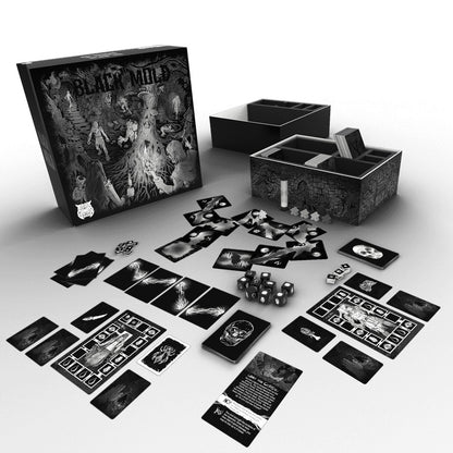 All Black Mold board game components displayed: box, dark-themed cards, dice, tokens, and storage inserts. Dark fantasy style