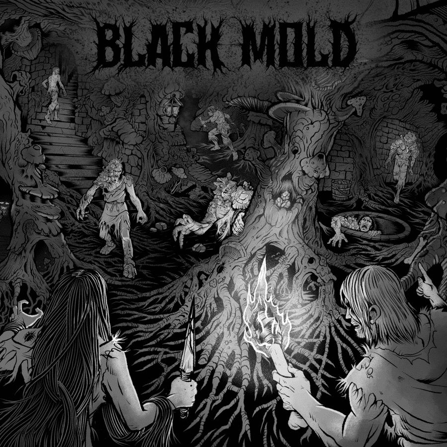 Monochrome illustration: Two people with knife and torch confront zombies and monsters in a dark, gnarled forest. "BLACK MOLD" title