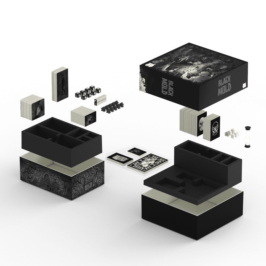 Black & white exploded view of 'BLACK MOLD' board game components: box, cards, dice, tokens, and storage trays
