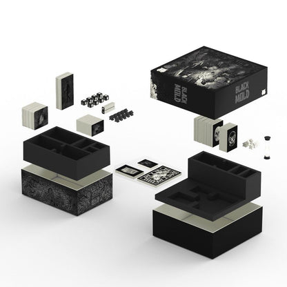 Black & white exploded view of 'BLACK MOLD' board game components: box, cards, dice, tokens, and storage trays