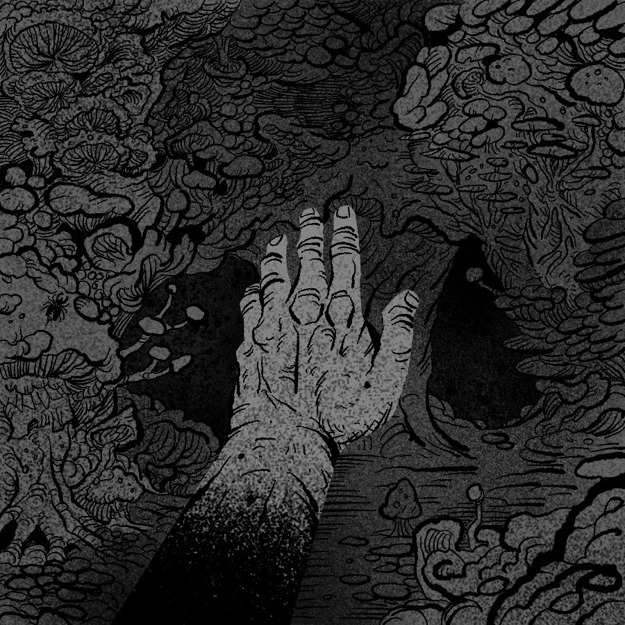 A textured hand emerges from a dark, dense fungal landscape with intricate organic forms. Grayscale illustration