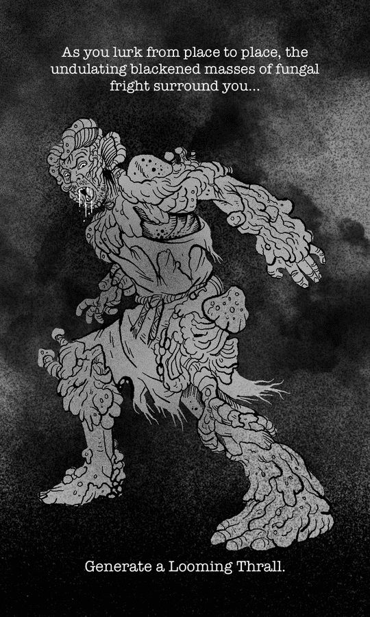 A grey, fungal "Looming Thrall" creature with a grimace and drooling mouth lurches forward menacingly