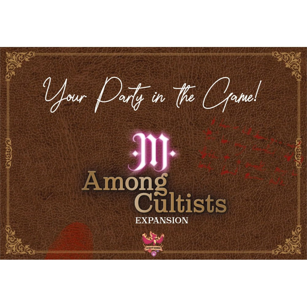 Brown leather texture -  glowing M logo -  "Your Party in the Game!" text -  and blood splatters