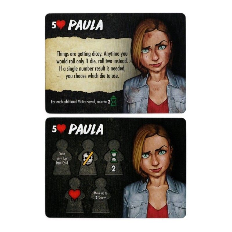 Two game cards for 'Paula' showing a young woman with a smirk, detailing her abilities and character stats