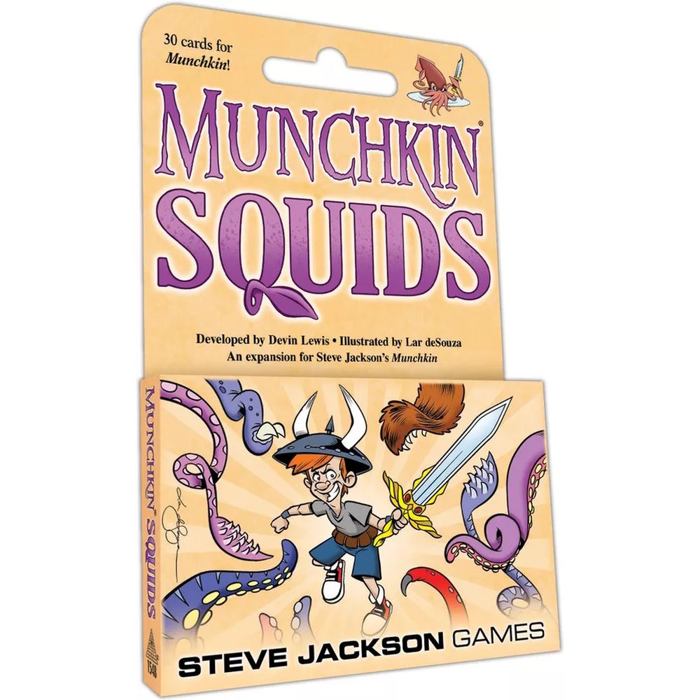 The Munchkin Squids card game expansion box, featuring a warrior and purple squid tentacles