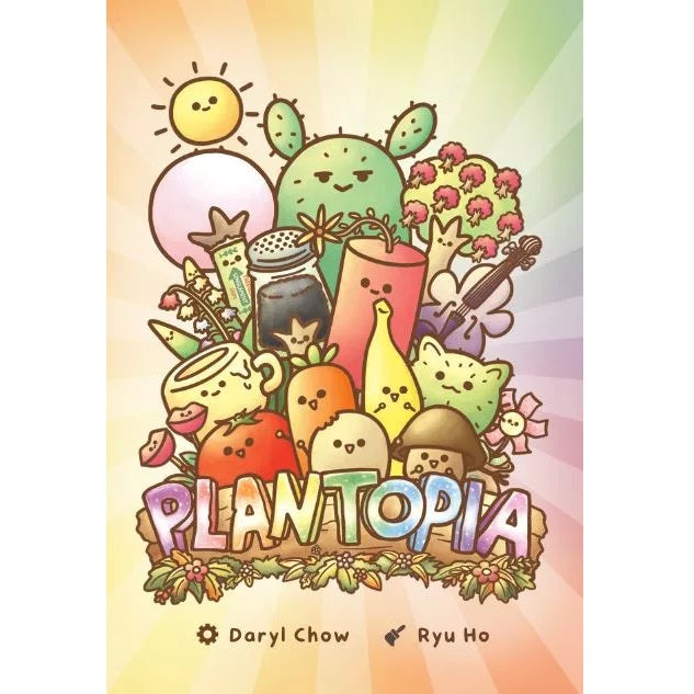 Colorful cartoon cover art for Plantopia The Card Game 2 featuring a smiling sun happy cactus assorted plant-based characters and musical instruments arranged around the Plantopia title illustrated by Daryl Chow and Ryu Ho