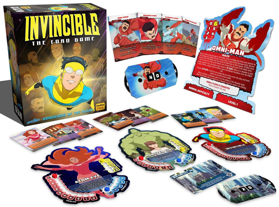 Invincible: The Card Game box and components, including character standees for Invincible and other heroes