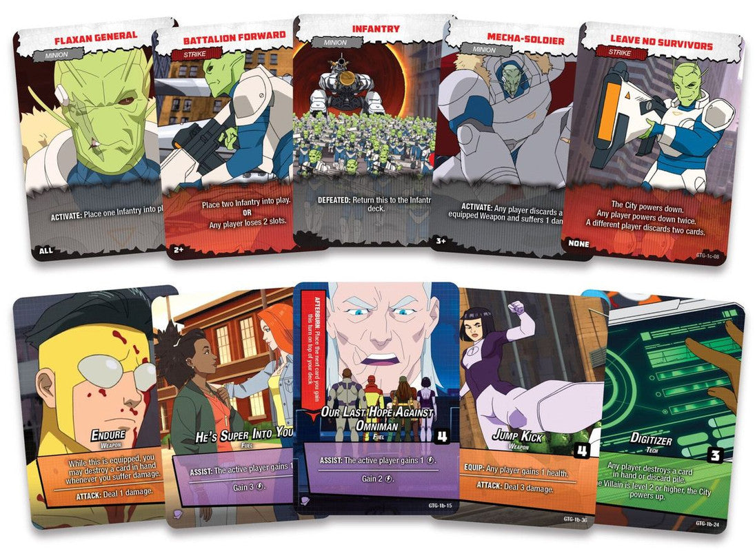 A close-up spread of Invincible TCG game cards, featuring illustrations of Omni-Man, Invincible and Flaxan characters