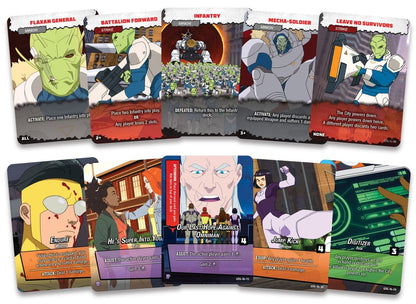 A close-up spread of Invincible TCG game cards, featuring illustrations of Omni-Man, Invincible and Flaxan characters