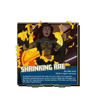 Animated character profile of Shrinking Rae generating bright yellow energy in a black and gold uniform