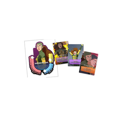 Four colourful superhero game cards, including the "Shrinking Rae" character card, displayed on a white surface