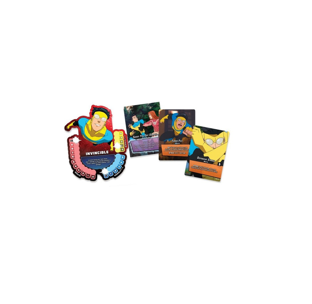Invincible character standee and several action cards for a tabletop game