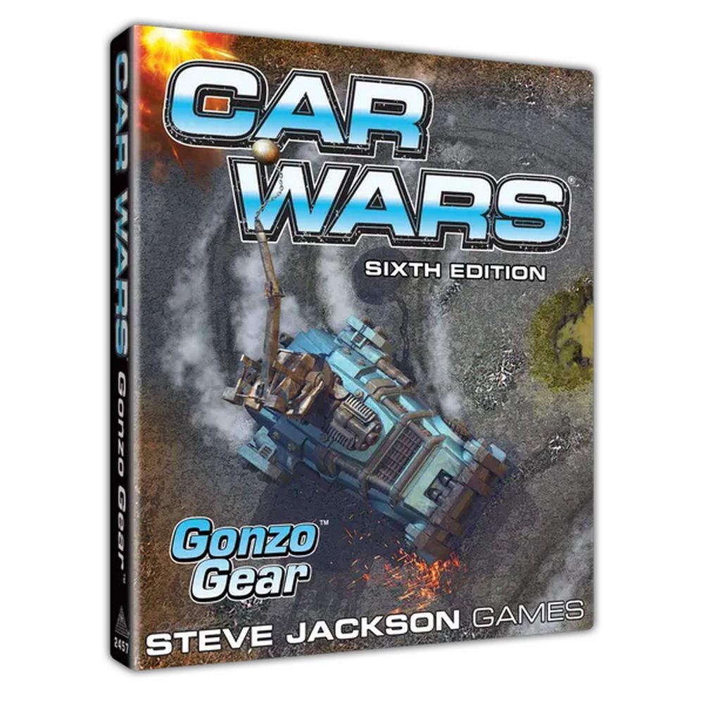 The Car Wars Sixth Edition Gonzo Gear game supplement cover depicts a blue armed vehicle on a smoky, dusty battlefield with sparks, showing the title on its spine