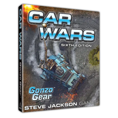 The Car Wars Sixth Edition Gonzo Gear game supplement cover depicts a blue armed vehicle on a smoky, dusty battlefield with sparks, showing the title on its spine