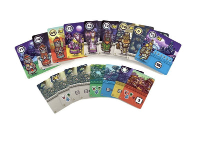 Colorful board game cards fanned out in two rows. Top cards show numbered characters, bottom cards depict landscapes and symbols