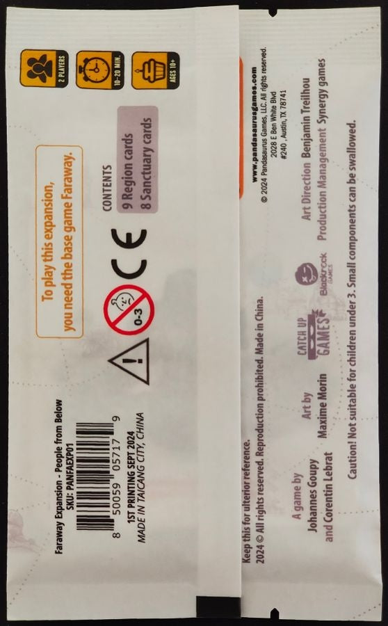 Back of "Faraway: People from Below" expansion pack. Lists card contents, 2 players, 10-20 min, ages 10+, and choking hazard warning. Requires base game