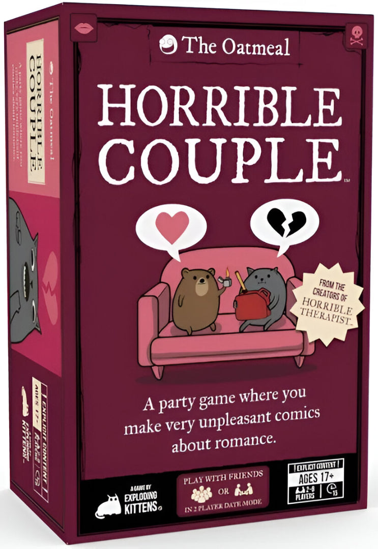 Horrible Couple board game box. Cover shows a cartoon bear holding a lighter and a cat holding a gas can on a couch