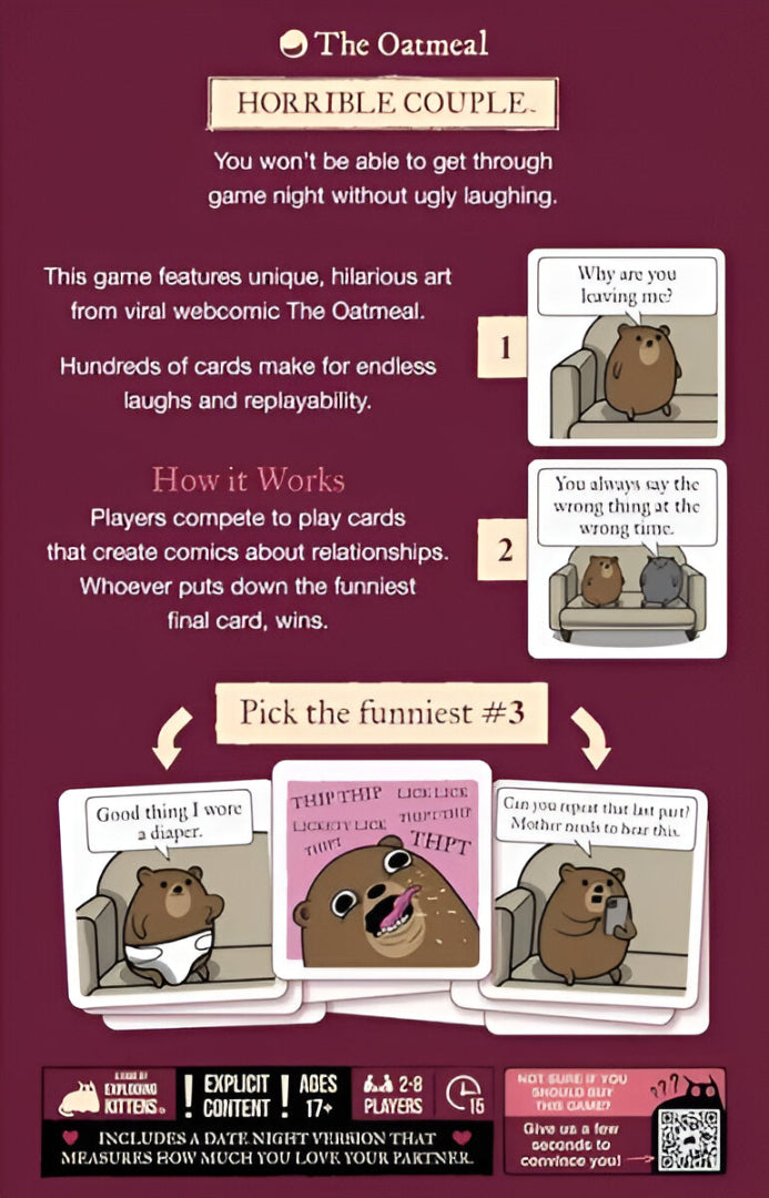 Promotional image for The Oatmeal's "Horrible Couple" card game, featuring sample comic panels with cartoon bears