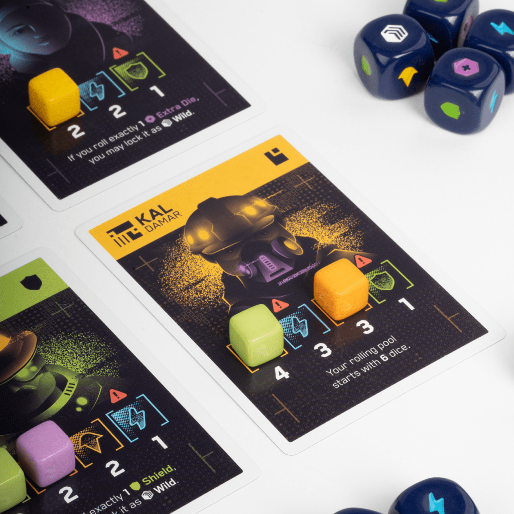 Sci-fi themed board game components: character cards with coloured cubes as markers, and several dark blue custom dice