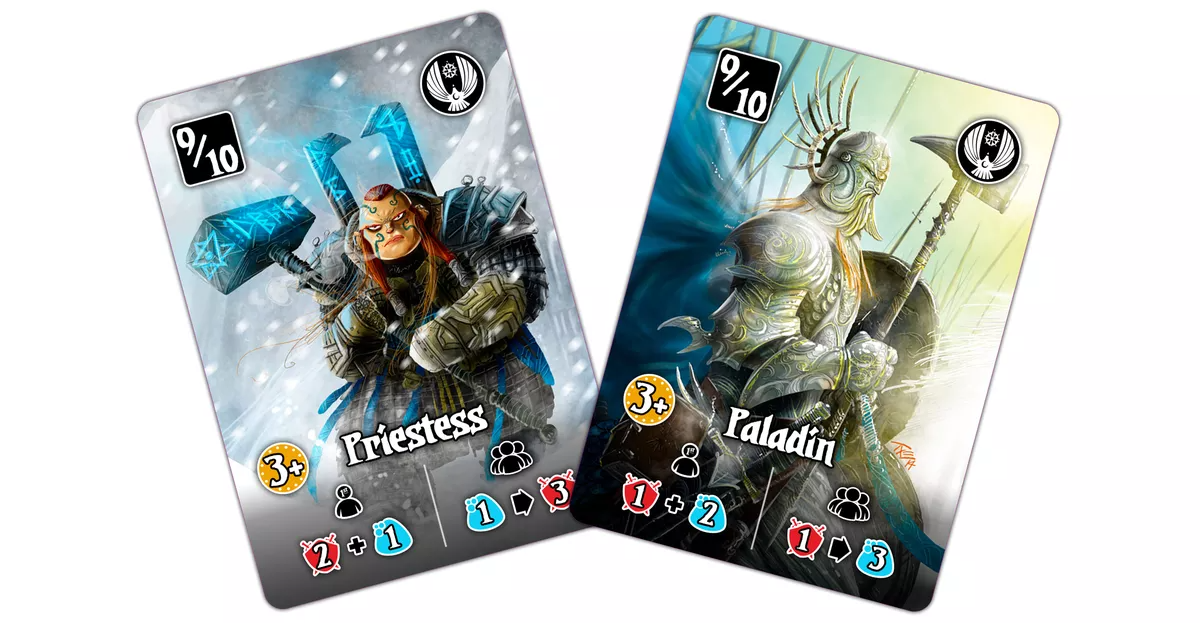 Two fantasy game cards: "Priestess" with a glowing hammer in snow, and "Paladin" with a warhammer and shield in a sunny field