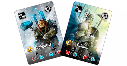 Two fantasy game cards: "Priestess" with a glowing hammer in snow, and "Paladin" with a warhammer and shield in a sunny field